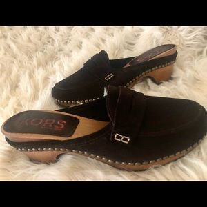 KORS by Michael KORS espresso Suede Wooden Clogs